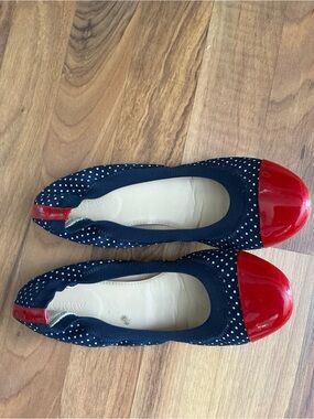 J. Crew Navy Polka Dot Ballet Flats with Red Patent Toe
